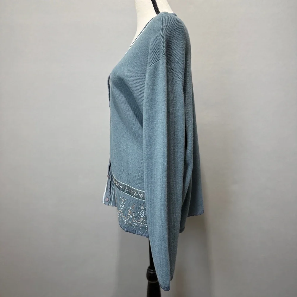 Koret Embroidered Sweater Womens M Cardigan Velvet Ribbon Trim Cottagecore Soft - Picture 2 of 9